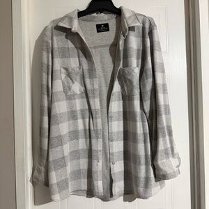 Plaid Button-Front Shirt Jacket - Light Gray & White